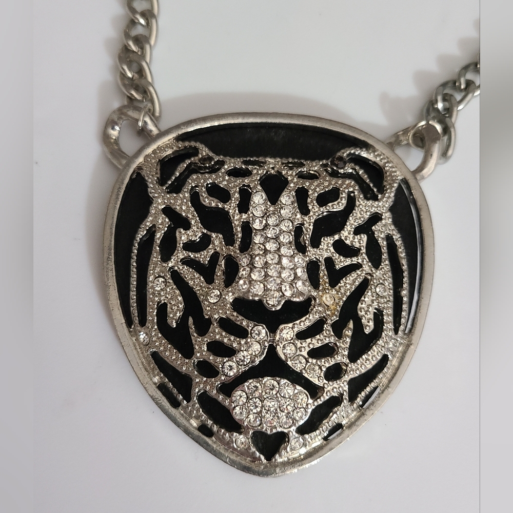 Leopard cheetah necklace chunky chain Big silver black rhinestones Rhianna bling